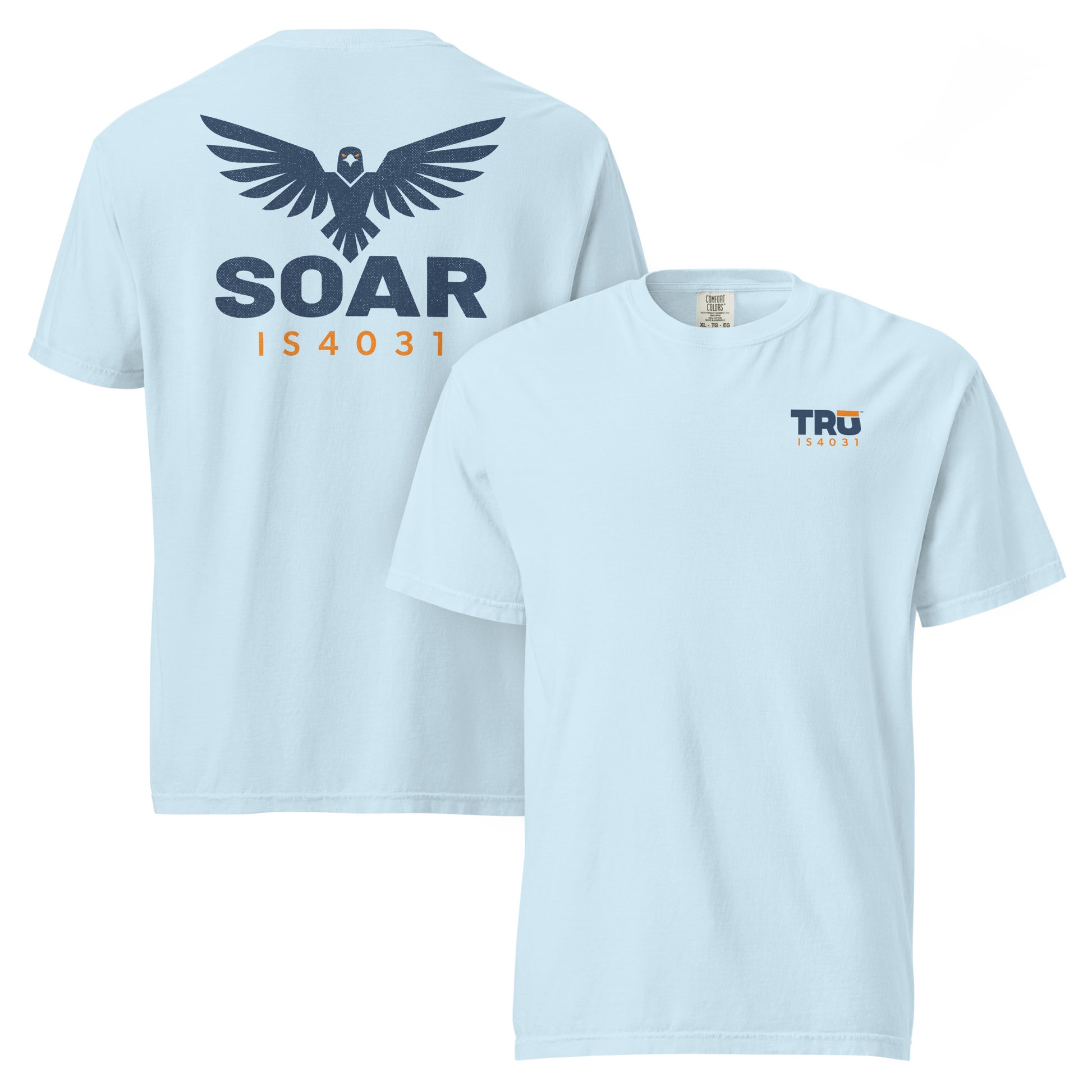 TRŪ Wear SOAR Garment-Dyed Heavyweight Tee in Chambray — front and back view showing TRŪ logo with IS4031 verse code on left chest, and eagle mark with SOAR graphic and IS4031 verse code on back, Comfort Colors 1717