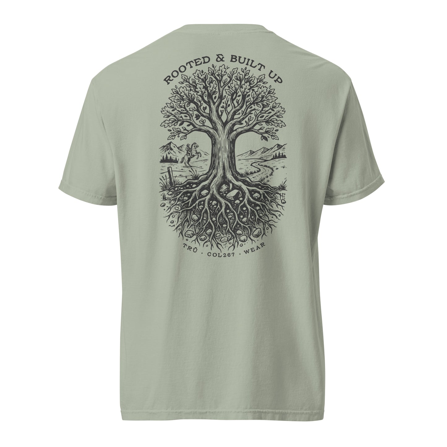 TRŪ Wear Rooted And Built Up heavyweight garment dyed men's Christian tee, back print, bay green, verse code COL267 for Colossians 2:6-7