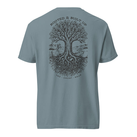 TRŪ Wear Rooted And Built Up heavyweight garment dyed men's Christian tee, back print, ice blue, verse code COL267 for Colossians 2:6-7