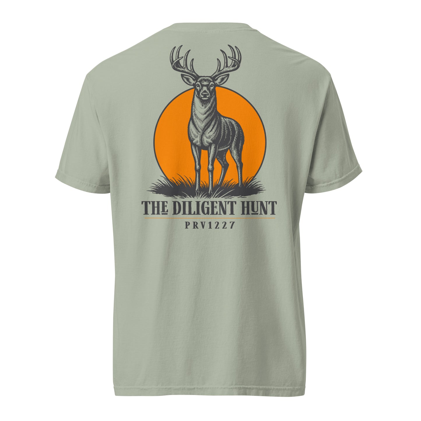 Men's garment dyed Christian tee in Bay — The Diligent Hunt woodcut buck design, Proverbs 12:27 (PRV1227) | TRŪ Wear