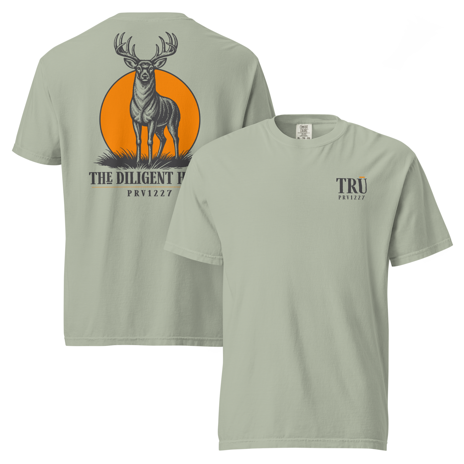 Bay garment dyed tee front and back — TRŪ wordmark and PRV1227 verse code left chest | TRŪ Wear