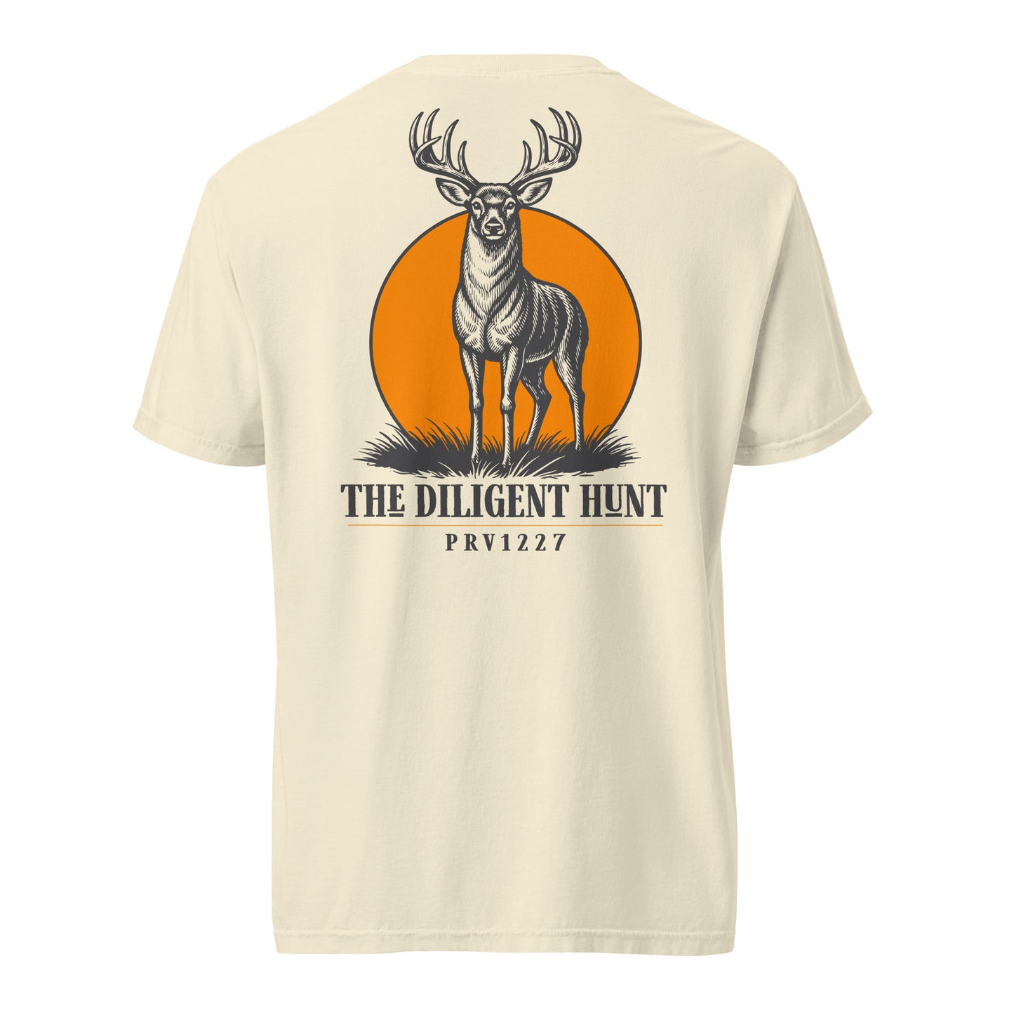 Men's garment dyed Christian tee in Khaki — The Diligent Hunt woodcut buck design, Proverbs 12:27 (PRV1227) | TRŪ Wear