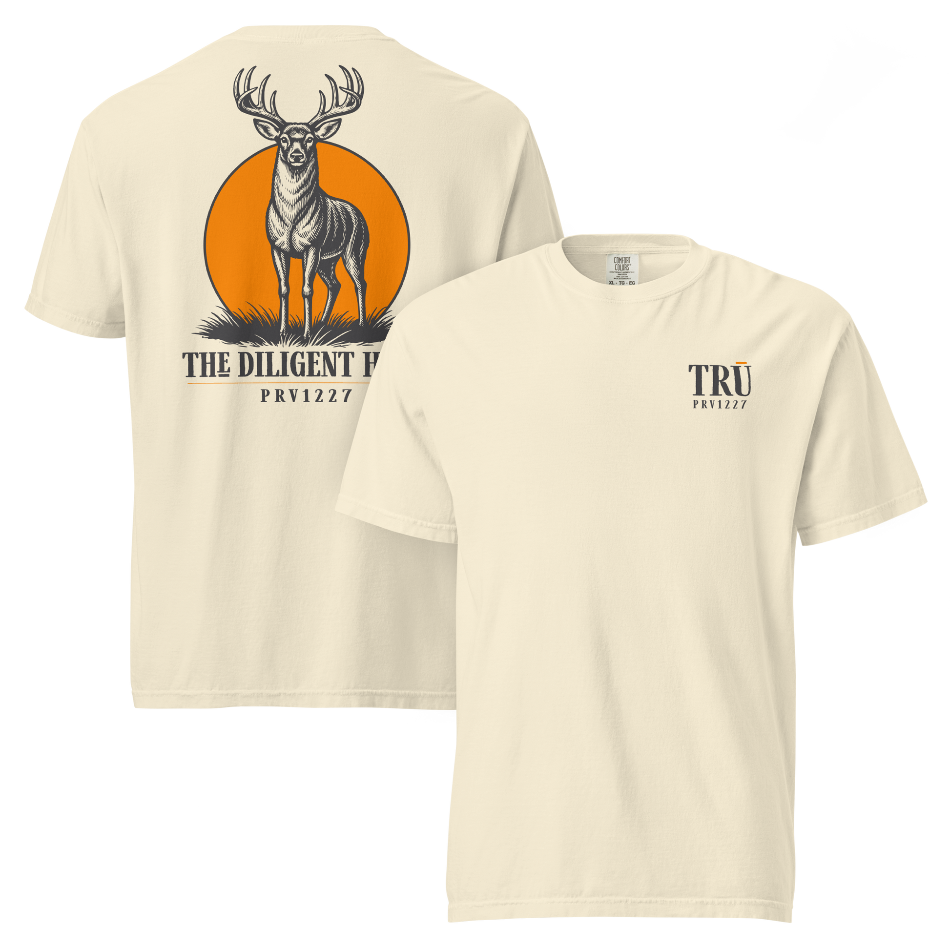 Khaki garment dyed tee front and back — TRŪ wordmark and PRV1227 verse code left chest | TRŪ Wear