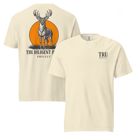 Khaki garment dyed tee front and back — TRŪ wordmark and PRV1227 verse code left chest | TRŪ Wear