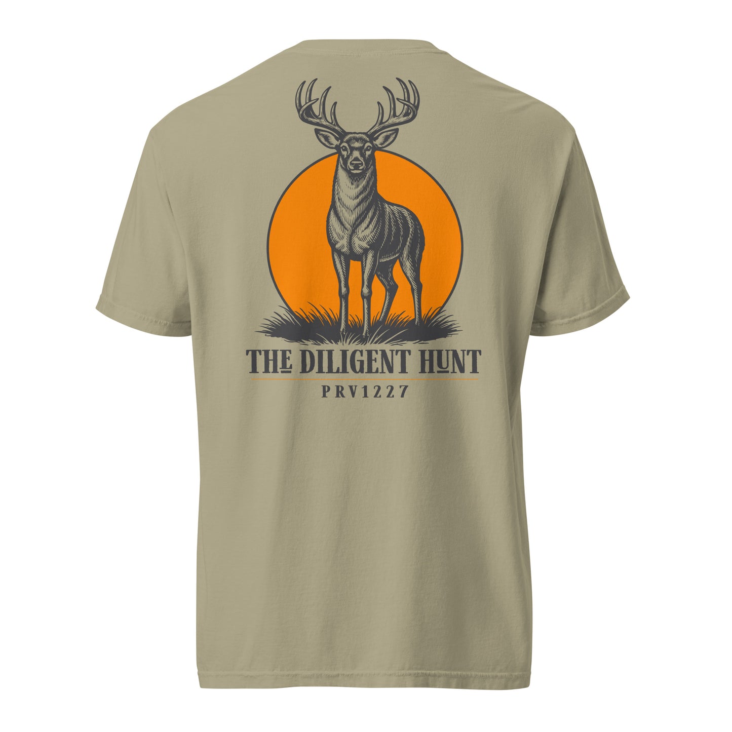 Men's garment dyed Christian tee in Khaki — The Diligent Hunt woodcut buck design, Proverbs 12:27 (PRV1227) | TRŪ Wear