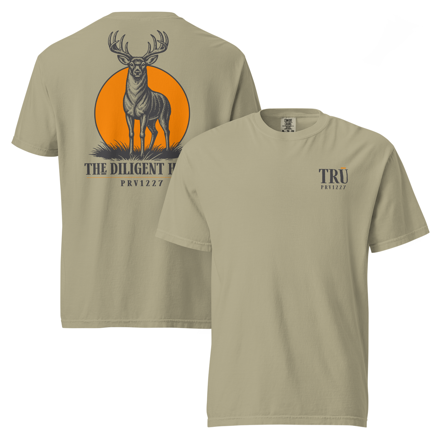 Khaki garment dyed tee front and back — TRŪ wordmark and PRV1227 verse code left chest | TRŪ Wear